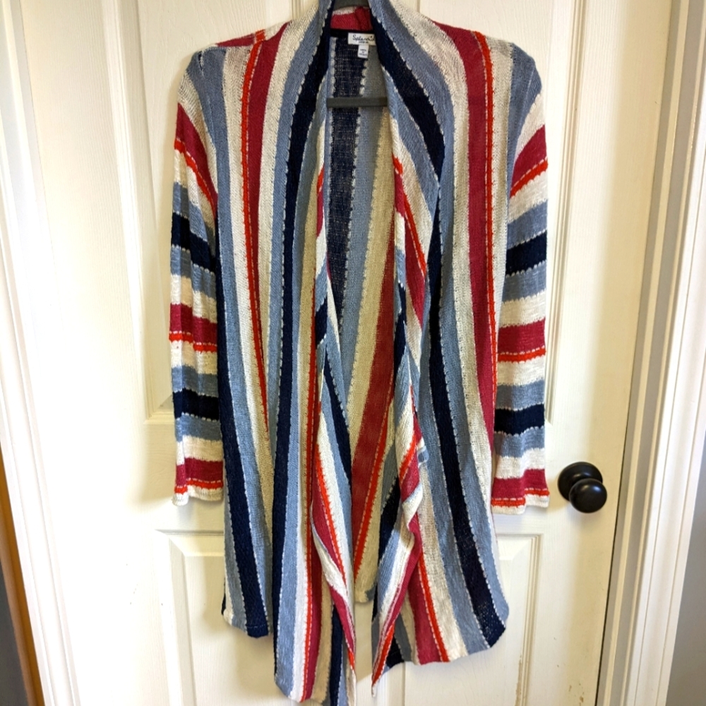 Splendid Drape-front open knit Cardigan Red White & Blue Ladies Medium w/pockets
